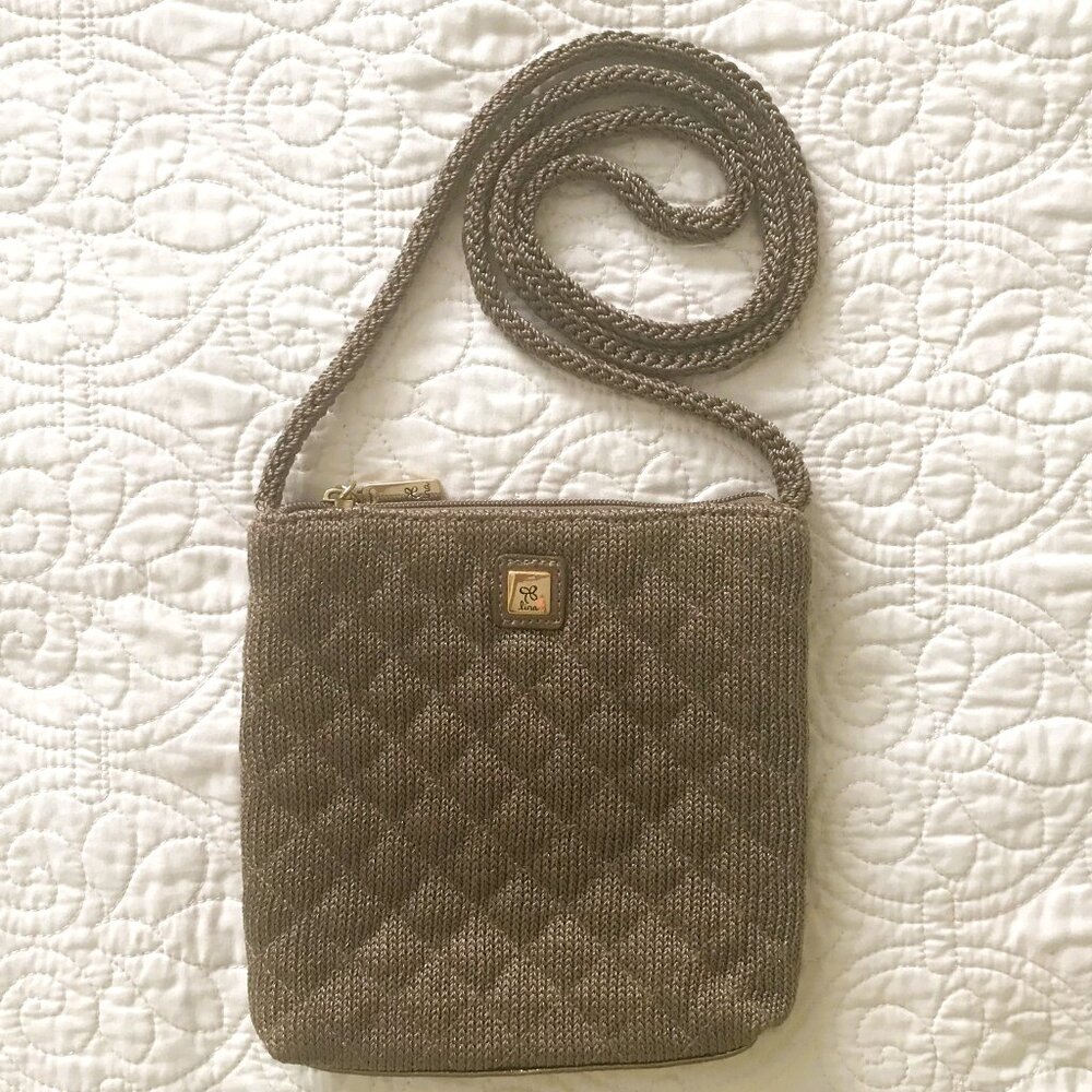 LINA Purse, Vintage 1990s Crossbody, Taupe, Glimmering Rose Gold Thread Accents